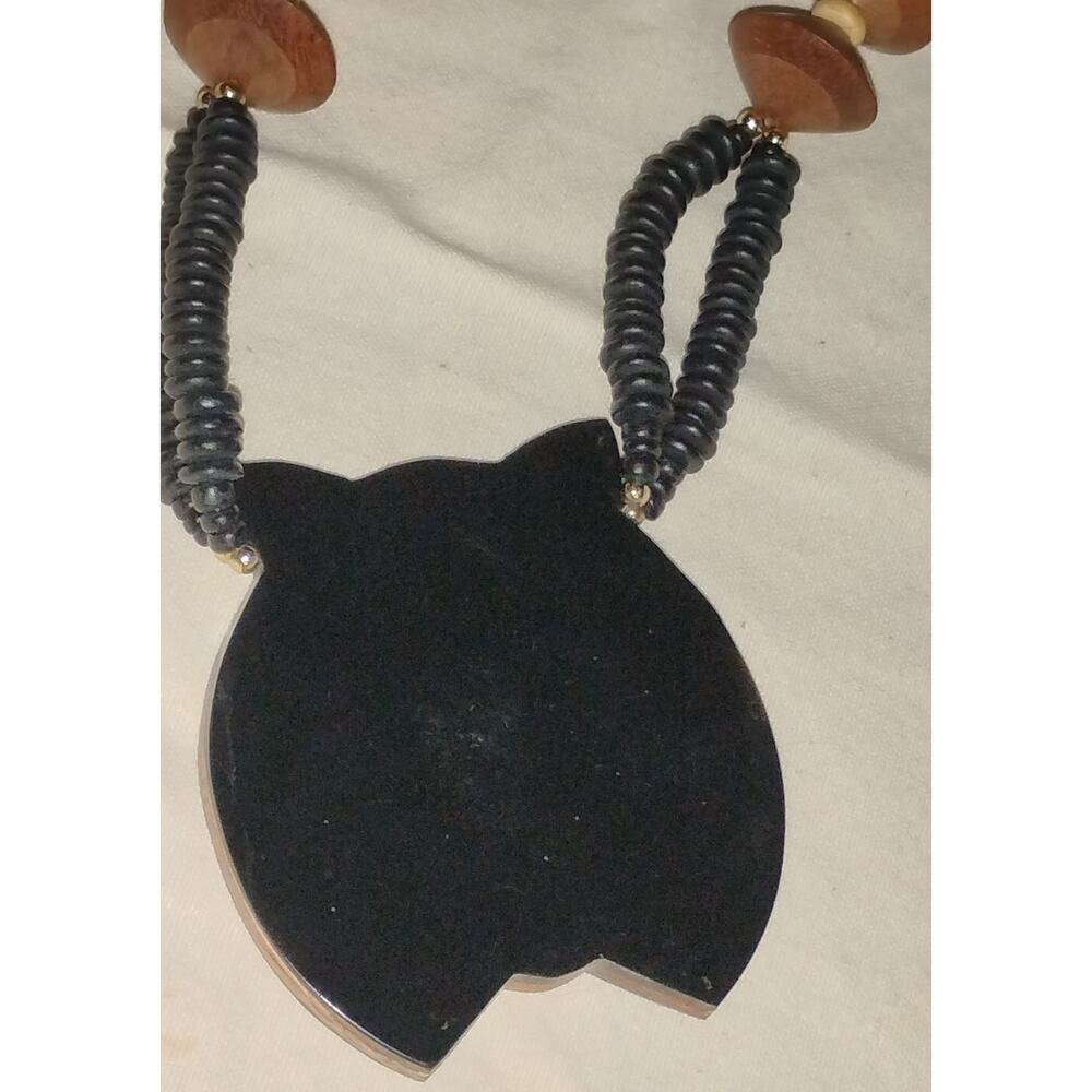 Vintage Wood Inlay Lion Necklace 22" Statement Pendant - Picture 3 of 3